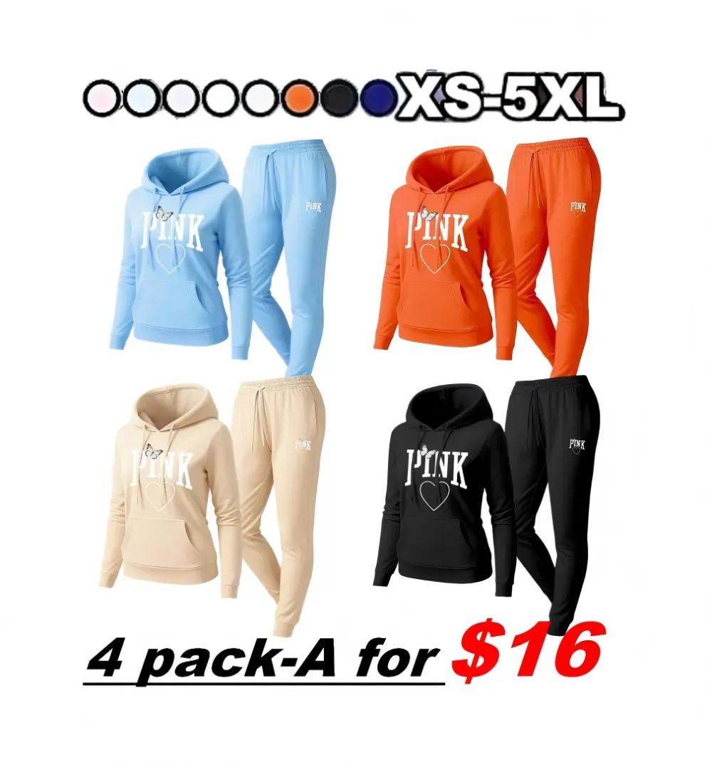 🔥Popular This Week🔥Women's Pink Heart Print Hair And Sunglasses Hoodie And Drawstring Track Pants Set