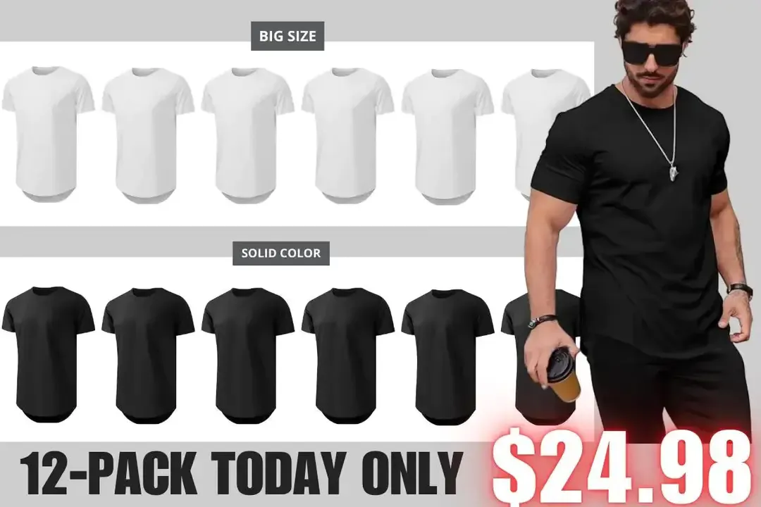 🔥Men's 12-Pack Cotton Hipster Hip Hop Longline Crewneck T-Shirt