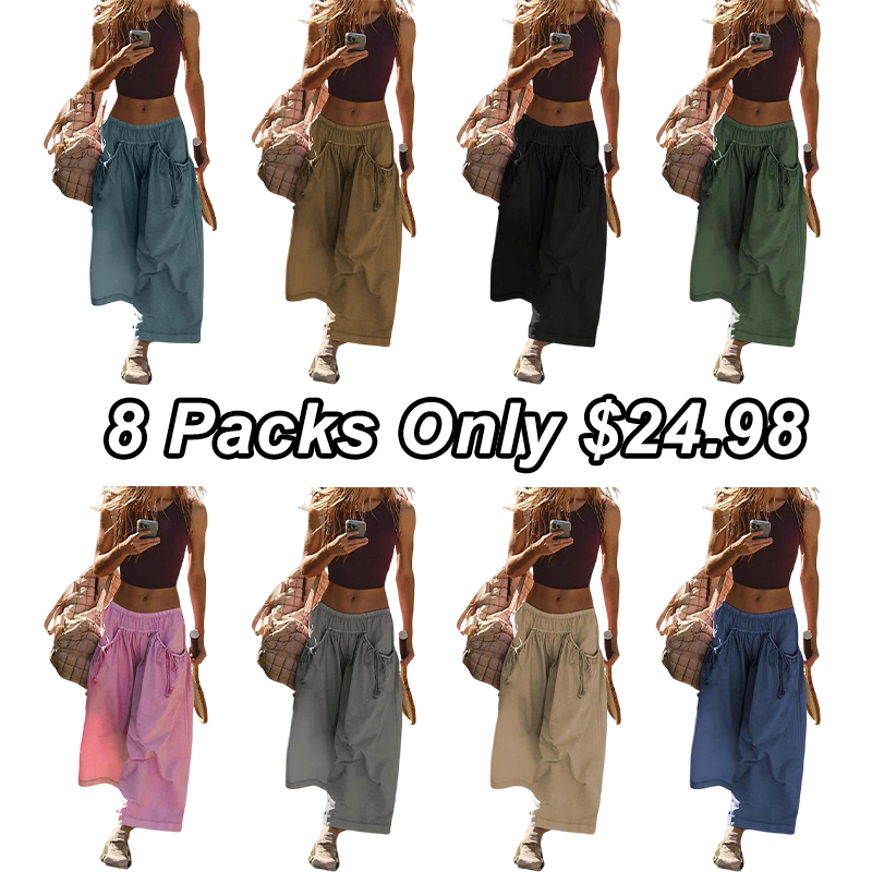 💝8 Packs for $24.98-Women's Loose Wide Leg Track Pants Boho Style Drawstring Pockets Elastic Waist Capri Hiking Parachute Pants