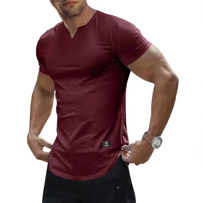 Men's Plain Muscle Slim Fitted T Shirt Polyester V-Neck Longline Shirt Gym Workout Athletic Tee Shirts Menswear Casual Tops,Short Sleeve T-Shirt for Daily Outdoor Wear,Men's Streetwear Outfits