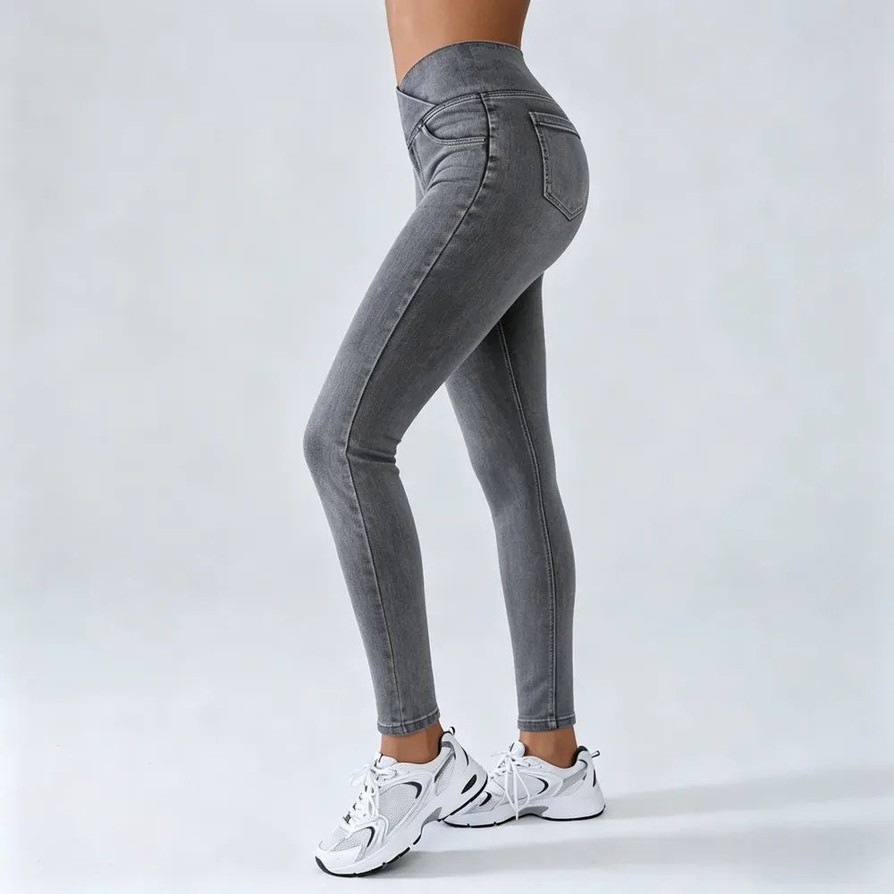 Women's High-Waisted Stretch Jeans with Crossover Design — Slim-Fit Flared Denim Leggings