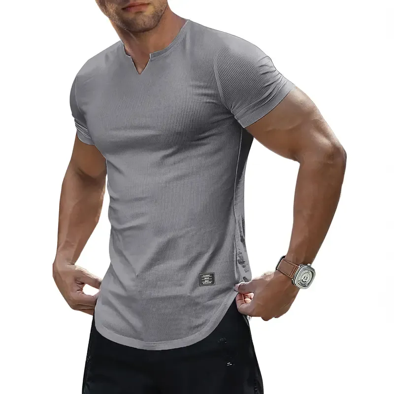 Men's Plain Muscle Slim Fitted T Shirt Polyester V-Neck Longline Shirt Gym Workout Athletic Tee Shirts Menswear Casual Tops,Short Sleeve T-Shirt for Daily Outdoor Wear,Men's Streetwear Outfits