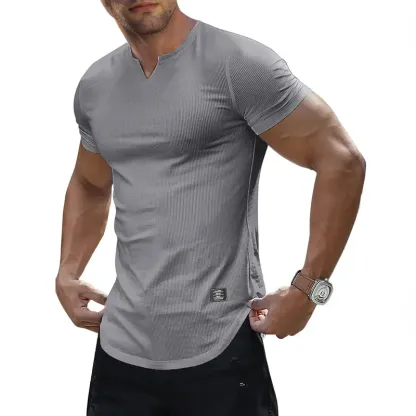 Men's Plain Muscle Slim Fitted T Shirt Polyester V-Neck Longline Shirt Gym Workout Athletic Tee Shirts Menswear Casual Tops,Short Sleeve T-Shirt for Daily Outdoor Wear,Men's Streetwear Outfits