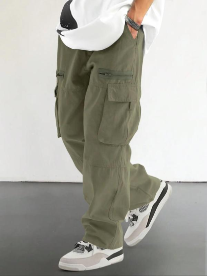 Men's Loose Solid Pocket Drawstring Waist Cargo Pant