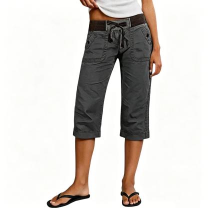⚡FINAL SALE⚡ Women's Drawstring Button Decor High Waist Straight Leg Capri Pants