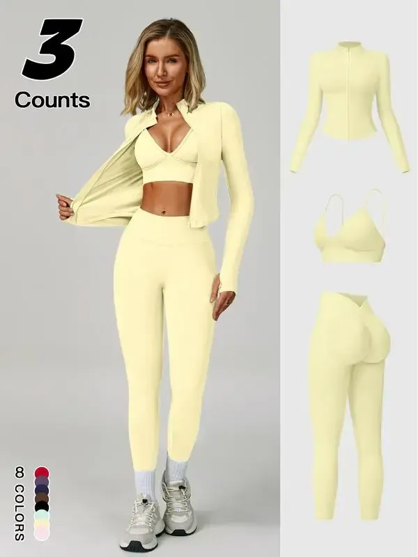 Women Quick-Dry Running Yoga 3-Piece Jacket Leggings Set