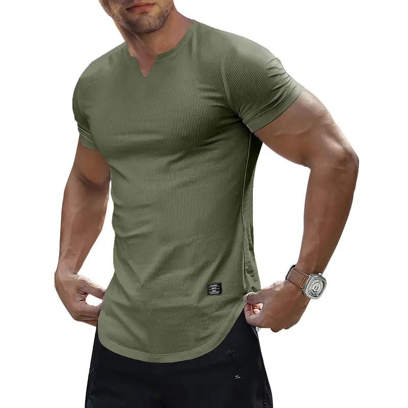 Men's Plain Muscle Slim Fitted T Shirt Polyester V-Neck Longline Shirt Gym Workout Athletic Tee Shirts Menswear Casual Tops,Short Sleeve T-Shirt for Daily Outdoor Wear,Men's Streetwear Outfits