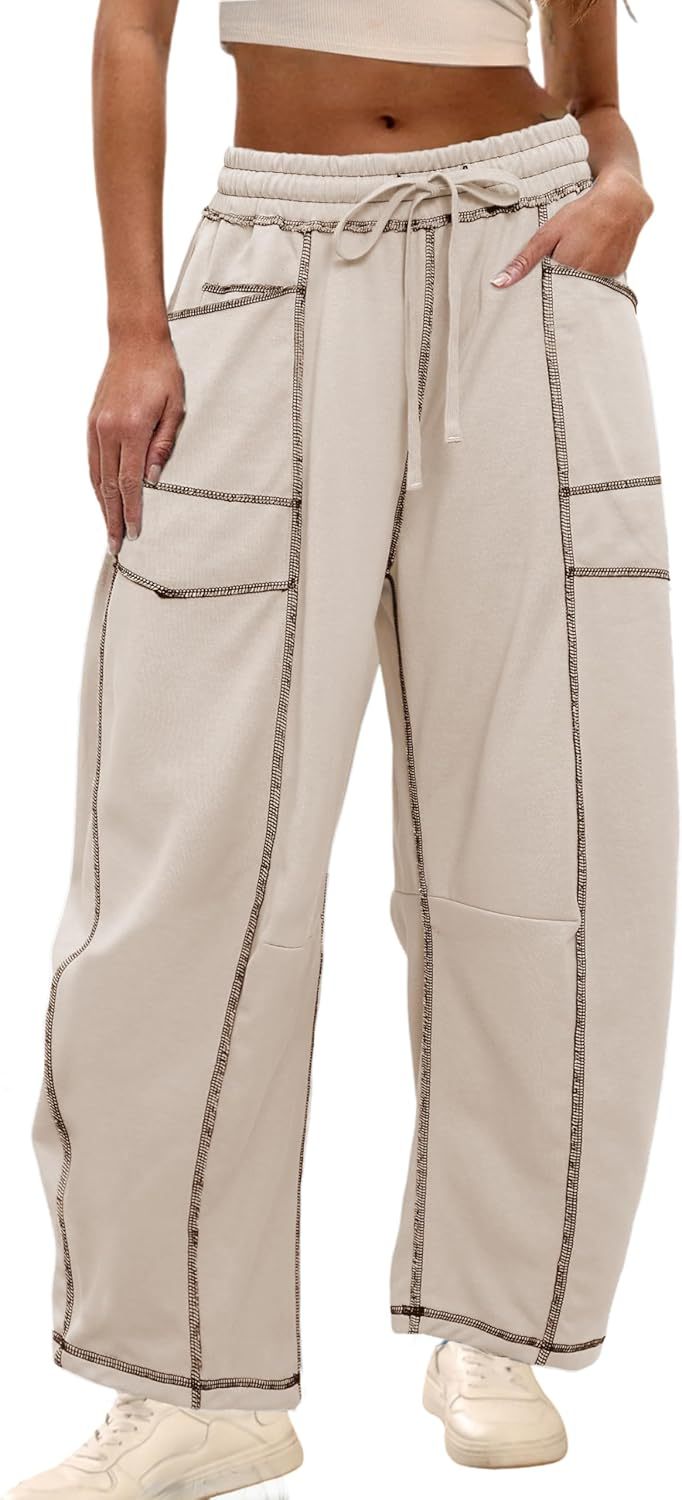 Womens Baggy Barrel Pants Wide Leg Lounge Drawstring Sweatpants with Pockets
