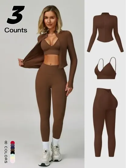 Women Quick-Dry Running Yoga 3-Piece Jacket Leggings Set