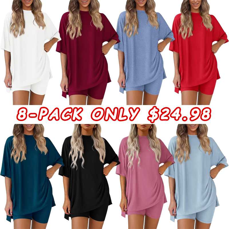 Women's summer two-piece casual loose round neck blouse with slit hem and cycling shorts with side pockets. Simple loungewear, soft viscose fabric, comfortable and warm.