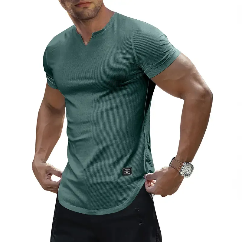 Men's Plain Muscle Slim Fitted T Shirt Polyester V-Neck Longline Shirt Gym Workout Athletic Tee Shirts Menswear Casual Tops,Short Sleeve T-Shirt for Daily Outdoor Wear,Men's Streetwear Outfits