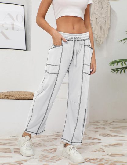 Womens Baggy Barrel Pants Wide Leg Lounge Drawstring Sweatpants with Pockets