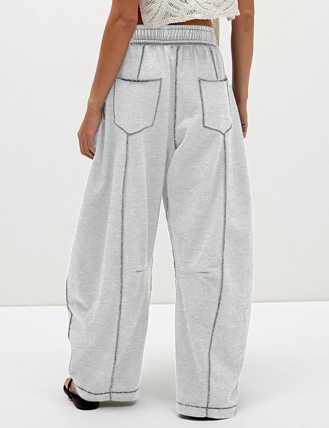 Womens Baggy Barrel Pants Wide Leg Lounge Drawstring Sweatpants with Pockets