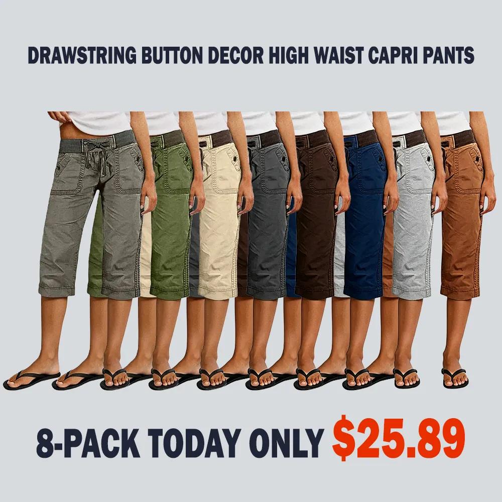 ⚡FINAL SALE⚡ Women's Drawstring Button Decor High Waist Straight Leg Capri Pants