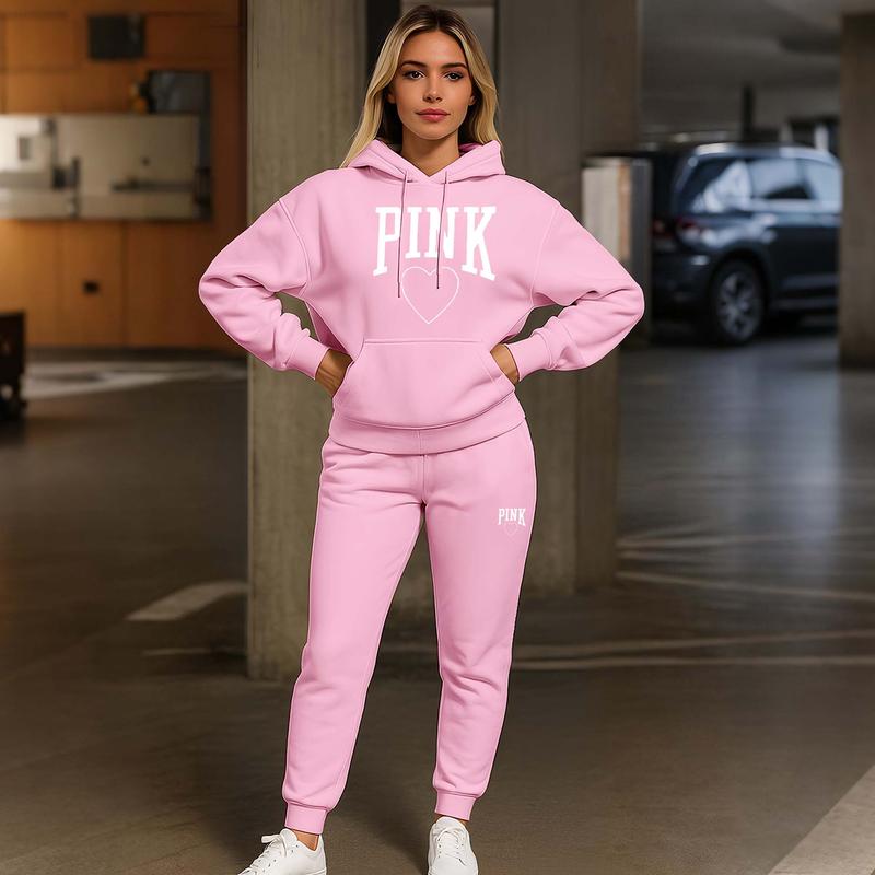 Women's Pink Heart Print Hair And Sunglasses Hoodie And Drawstring Track Pants Set, Casual Sportswear, Long-Sleeved Hooded Jacket And Pants, Suitable For Autumn And Winter, Everyday Wear, Indoor And Outdoor Sportswear, Casual Sportswear.