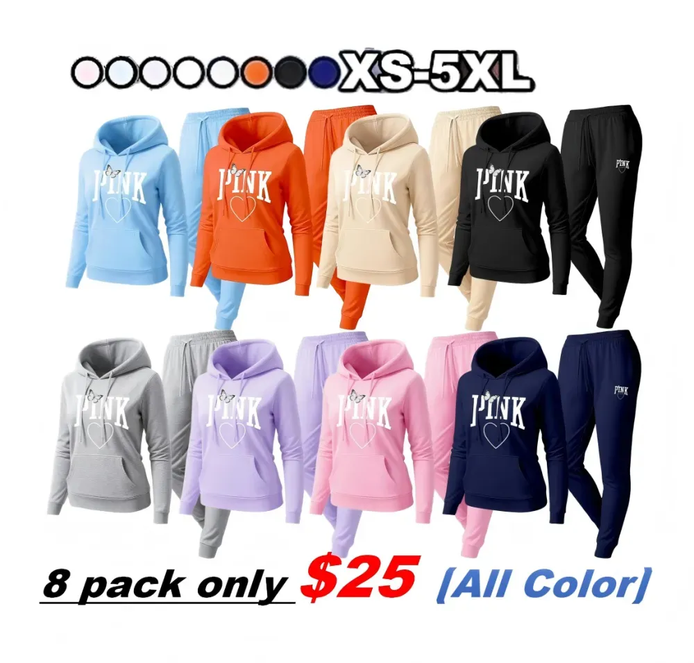 Women's Pink Heart Print Hair And Sunglasses Hoodie And Drawstring Track Pants Set