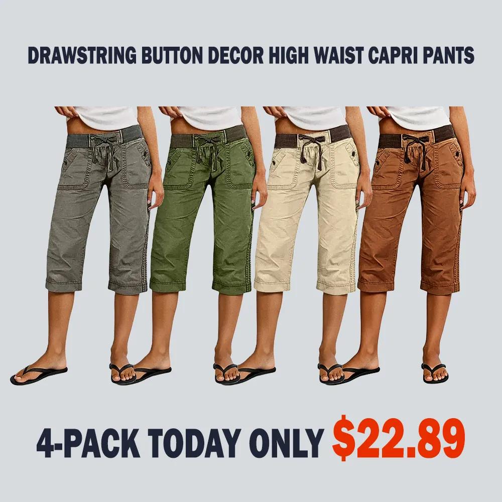 ⚡FINAL SALE⚡ Women's Drawstring Button Decor High Waist Straight Leg Capri Pants