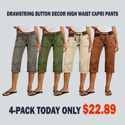 ⚡FINAL SALE⚡ Women's Drawstring Button Decor High Waist Straight Leg Capri Pants