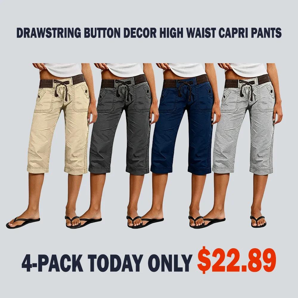 ⚡FINAL SALE⚡ Women's Drawstring Button Decor High Waist Straight Leg Capri Pants