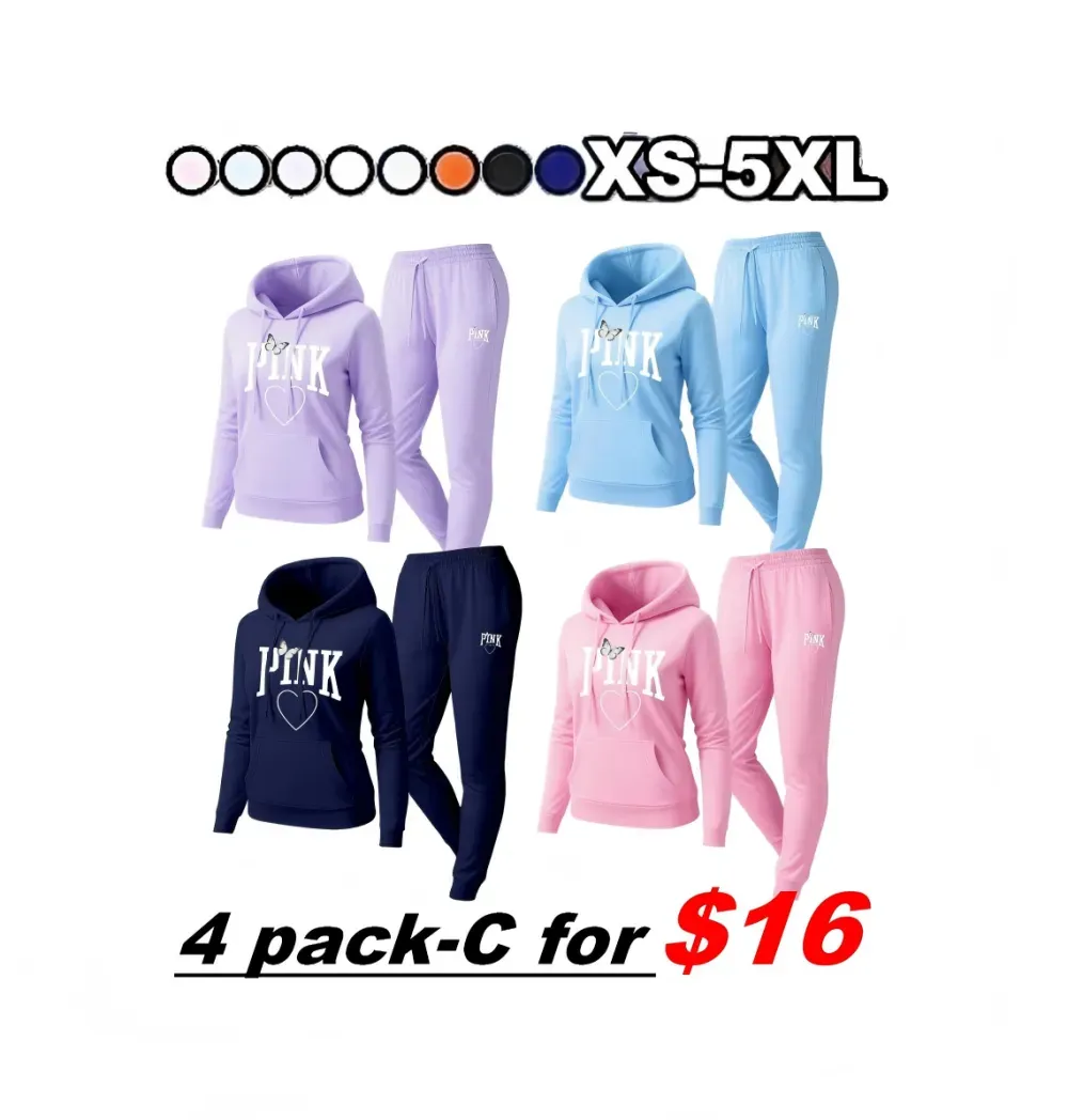 🔥Popular This Week🔥Women's Pink Heart Print Hair And Sunglasses Hoodie And Drawstring Track Pants Set