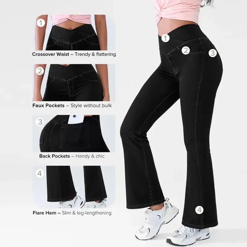 Women's High-Waisted Stretch Jeans with Crossover Design — Slim-Fit Flared Denim Leggings