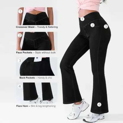 Women's High-Waisted Stretch Jeans with Crossover Design — Slim-Fit Flared Denim Leggings