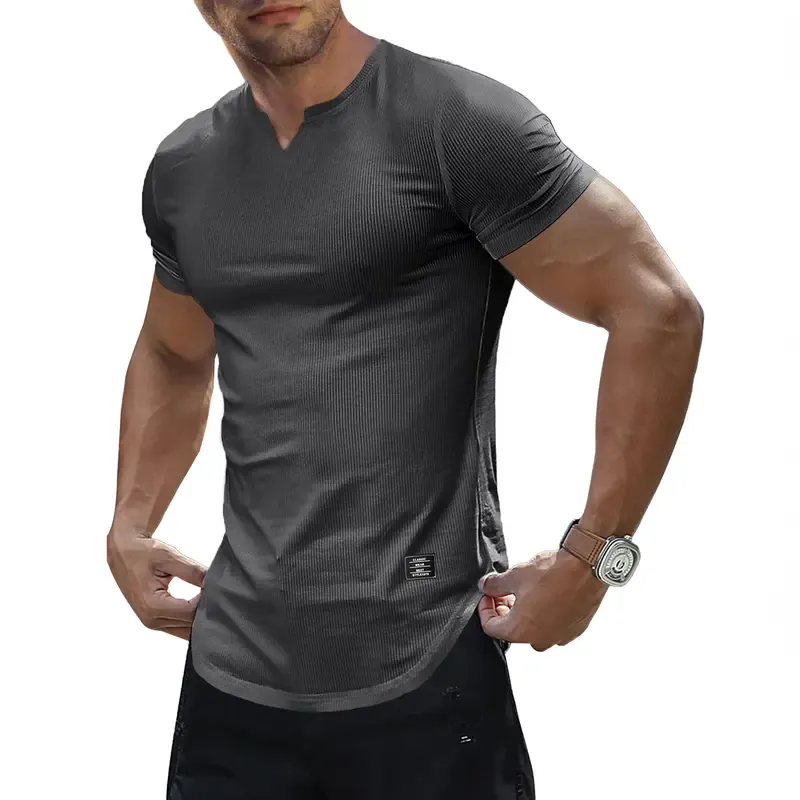 Men's Plain Muscle Slim Fitted T Shirt Polyester V-Neck Longline Shirt Gym Workout Athletic Tee Shirts Menswear Casual Tops,Short Sleeve T-Shirt for Daily Outdoor Wear,Men's Streetwear Outfits
