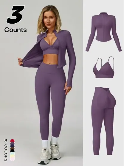 Women Quick-Dry Running Yoga 3-Piece Jacket Leggings Set