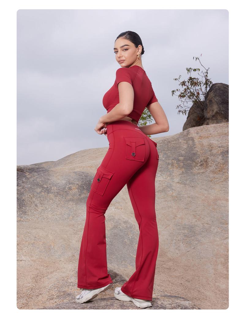 YEOREO CoreFlex Women's Workout Flare Leggings with Pockets Hidden Scrunch High Waisted Cargo Gym Yoga No Front Seam Leggings Flared Joggers Fitness Outfit Camouflage Sports Pants 75% Nylon 25% Spandex