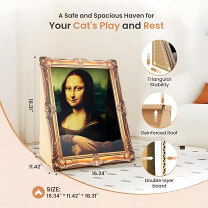 Art Cat House with Cat Scratcher,Mona Lisa 4D Frame, Famous Oil Painting Frame Cardboard Cat Bed, 2026 with Arm Front Panel, Easy-to-Assemble Bed Couch Cave Condo Creative Home Decoration