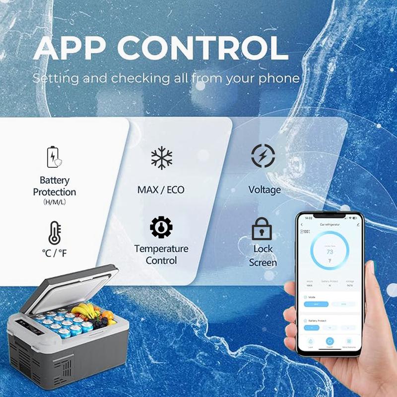 EUHOMY 12-Volt Refrigerator: a 11 Quart (10L)  compressor electric cooler with APP control. This car fridge supports both 12/24V DC and 120-240V AC power supply, with a cooling range of -4℉ to 68℉. It's a portable freezer ideal for RVs, travel.
