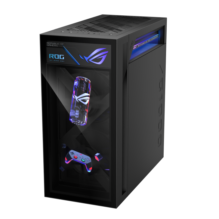 An ASUS ROG G1000 gaming tower displaying a stylized internal hologram of a can and a game controller.
