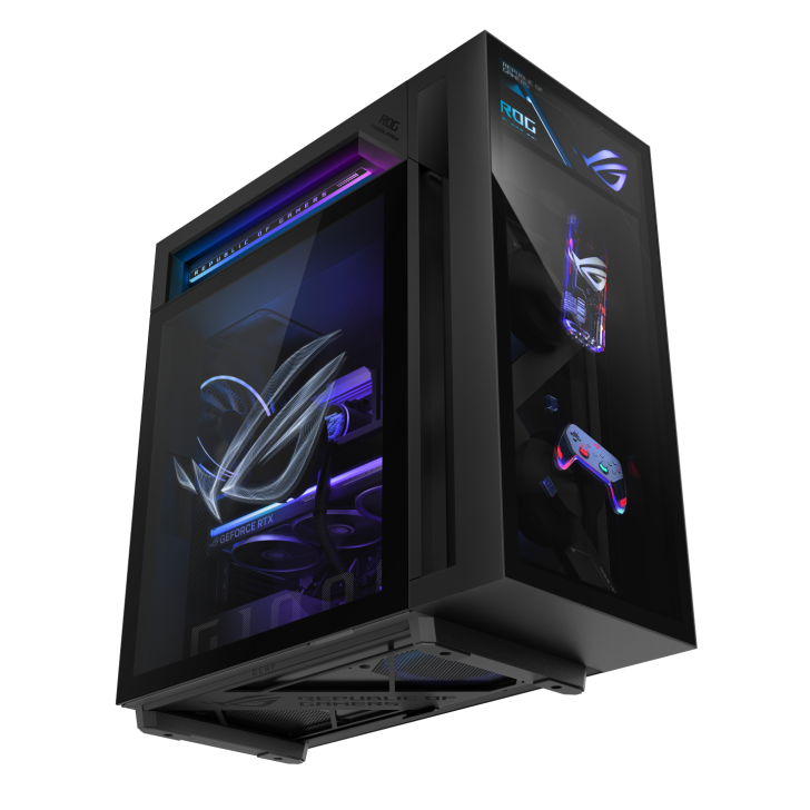An ASUS ROG desktop PC with a visible GeForce RTX graphics card and illuminated ROG logo, featuring RGB lighting and a game controller inside the case.