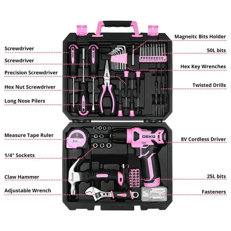 DEKO 8V Cordless Drill Set, 126-Piece Home Tool Kit With Storage Box, Unisex DIY Power Tool Set For Fence Installation, Room Décor, Furniture Assembly, And Daily Repairs