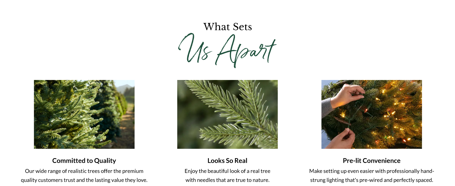 What Sets Balsam Hill Apart; committed to quality, trees look so real, and pre-lit convenience