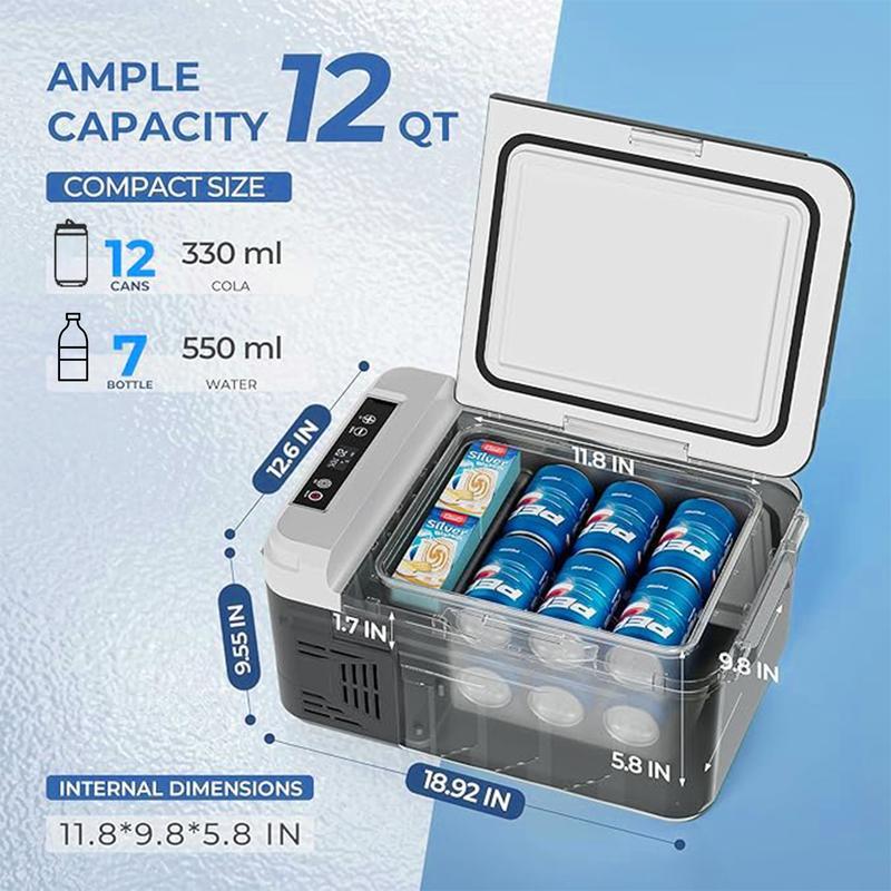 EUHOMY 12-Volt Refrigerator: a 11 Quart (10L)  compressor electric cooler with APP control. This car fridge supports both 12/24V DC and 120-240V AC power supply, with a cooling range of -4℉ to 68℉. It's a portable freezer ideal for RVs, travel.