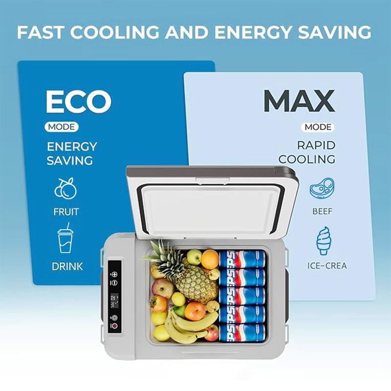 EUHOMY 12-Volt Refrigerator: a 11 Quart (10L)  compressor electric cooler with APP control. This car fridge supports both 12/24V DC and 120-240V AC power supply, with a cooling range of -4℉ to 68℉. It's a portable freezer ideal for RVs, travel.