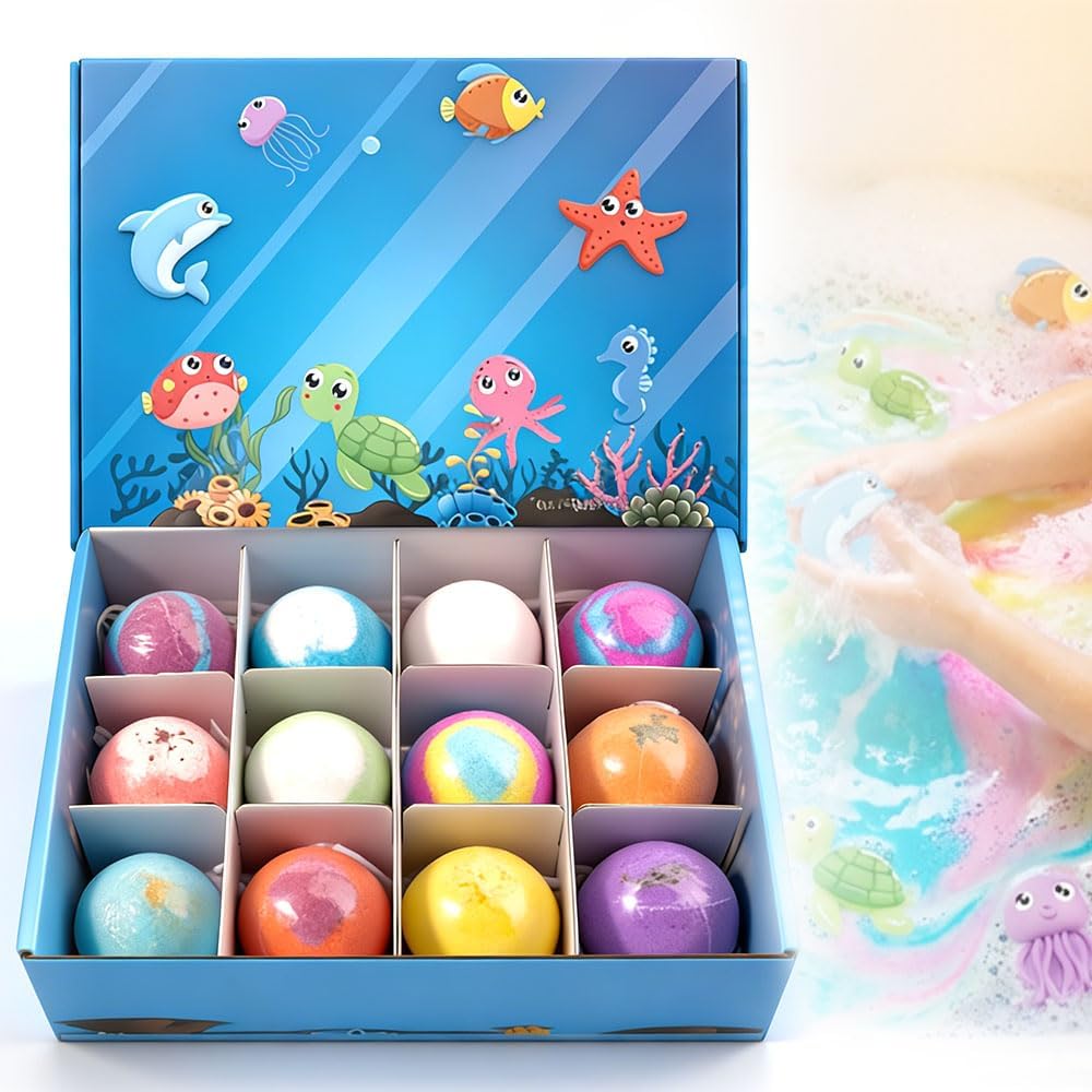 2026 New Ocean Toy Bath Salt Ball Sleeve Box Bath Bombs, 12 Pack Bath Bombs with Surprise Spring Inside, Upgrade Easter Gifts Bubble Easter Basket Stuffers Easter Egg Fillers (Blue)