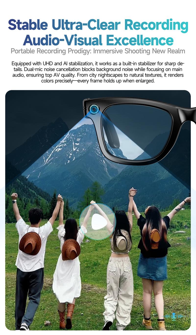Smart AI Camera Glasses with 8MP Resolution Photochromic Lenses Convenient Button Touch Adjustment for Travel Outdoor Adventures Hands-Free Photography 160+Languages Real-Time Translation Bluetooth Wi Wearable