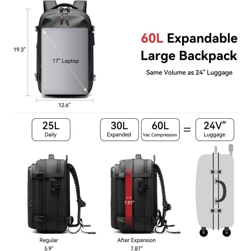Expandable 60L Airback Vacuum Seal Travel Backpack Compression Bag Water Resistant TSA Lock Black Electric AirPump Included Outdoor Essential