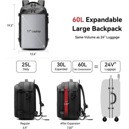 Expandable 60L Airback Vacuum Seal Travel Backpack Compression Bag Water Resistant TSA Lock Black Electric AirPump Included Outdoor Essential