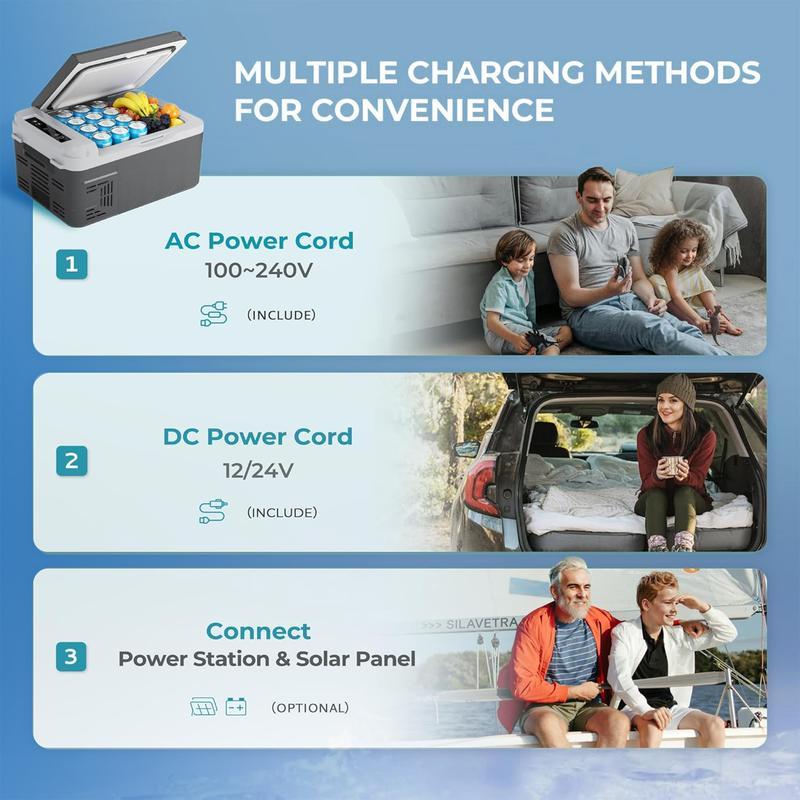 EUHOMY 12-Volt Refrigerator: a 11 Quart (10L)  compressor electric cooler with APP control. This car fridge supports both 12/24V DC and 120-240V AC power supply, with a cooling range of -4℉ to 68℉. It's a portable freezer ideal for RVs, travel.