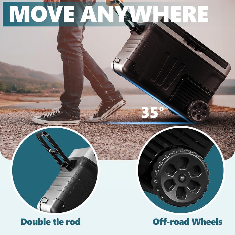 EUHOMY 12V Refrigerator (24/37/53Quart /23L/35L/50L) supports 12V/24V DC & 110-240V AC. Portable with -4°F~68°F range, it features wheels, 2 baskets, and large cooling zone. Ideal for RVs, travel, Truck, Boat