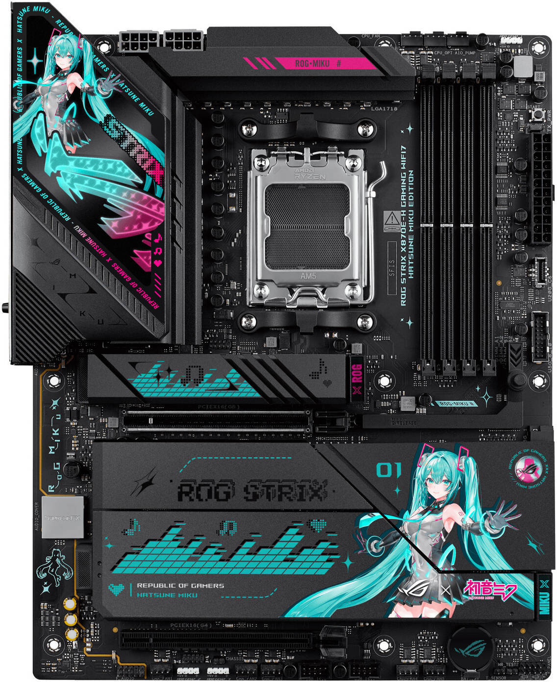 ASUS ROG STRIX X870E-H Gaming WIFI7 & BT Hatsune Miku Edition Motherboard, AMD X870E Chipset, 4x DDR5 DIMM Slots, 256GB Max Memory, 1x PCIe 5.0 x16 Slots, 4 x M.2 Slots | 90MB1MA0-M0EAY0