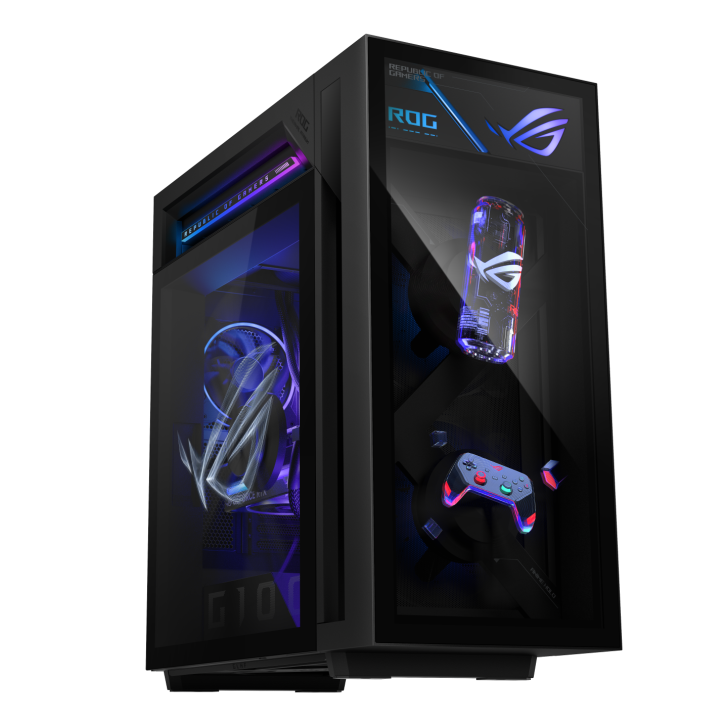 An ASUS ROG gaming PC case with RGB lighting, featuring the 'Republic of Gamers' logo and a gaming controller display inside.