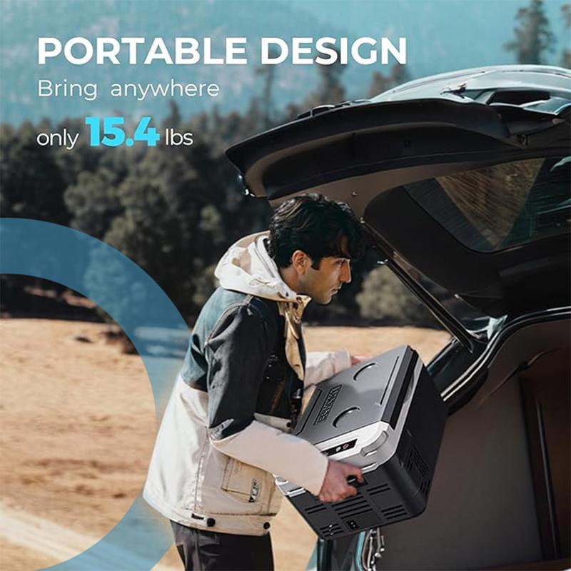 EUHOMY 12-Volt Refrigerator: a 11 Quart (10L)  compressor electric cooler with APP control. This car fridge supports both 12/24V DC and 120-240V AC power supply, with a cooling range of -4℉ to 68℉. It's a portable freezer ideal for RVs, travel.