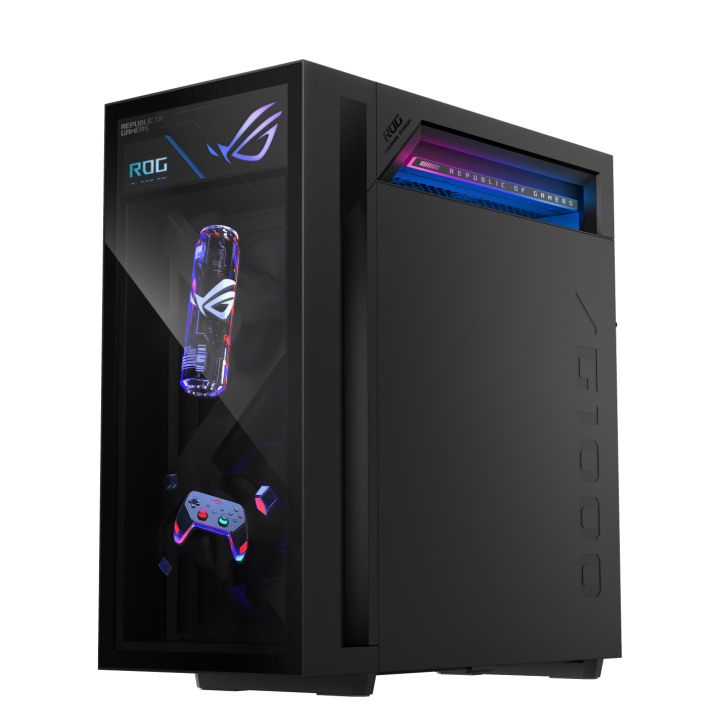 The ASUS ROG G10DK gaming desktop features a transparent side panel displaying an illuminated cooling system and controller with ROG branding.