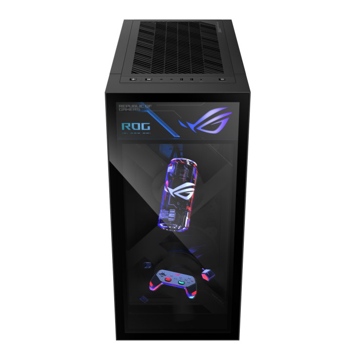 An ASUS ROG gaming PC case with a floating ROG-branded can and controller inside.