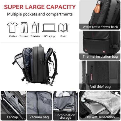 Expandable 60L Airback Vacuum Seal Travel Backpack Compression Bag Water Resistant TSA Lock Black Electric AirPump Included Outdoor Essential