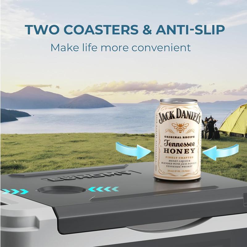 EUHOMY 12-Volt Refrigerator: a 11 Quart (10L)  compressor electric cooler with APP control. This car fridge supports both 12/24V DC and 120-240V AC power supply, with a cooling range of -4℉ to 68℉. It's a portable freezer ideal for RVs, travel.